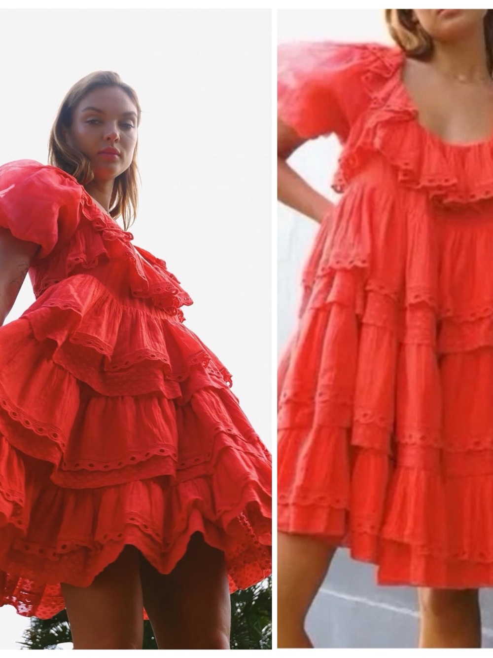 NWT INNIKA CHOO Poinciana Red Organdy Puff Sleeve Scalloped Layer Mini Dress 0